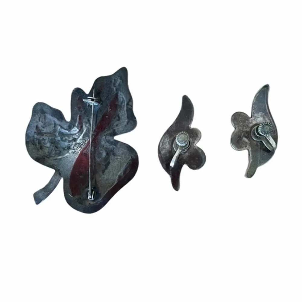 Vintage Taxco 925 Silver Abalone Shell Leaf Brooch Earrings Matching Jewelry Set